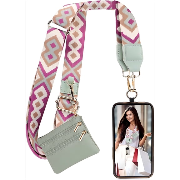 Clip and Go Strap for Phone with Wallet Crossbody, Phone Strap with Zippered Wallet, Adjustable Anti Theft Cellphone Lanyard for Women, Cellphone Chain Accessories Green