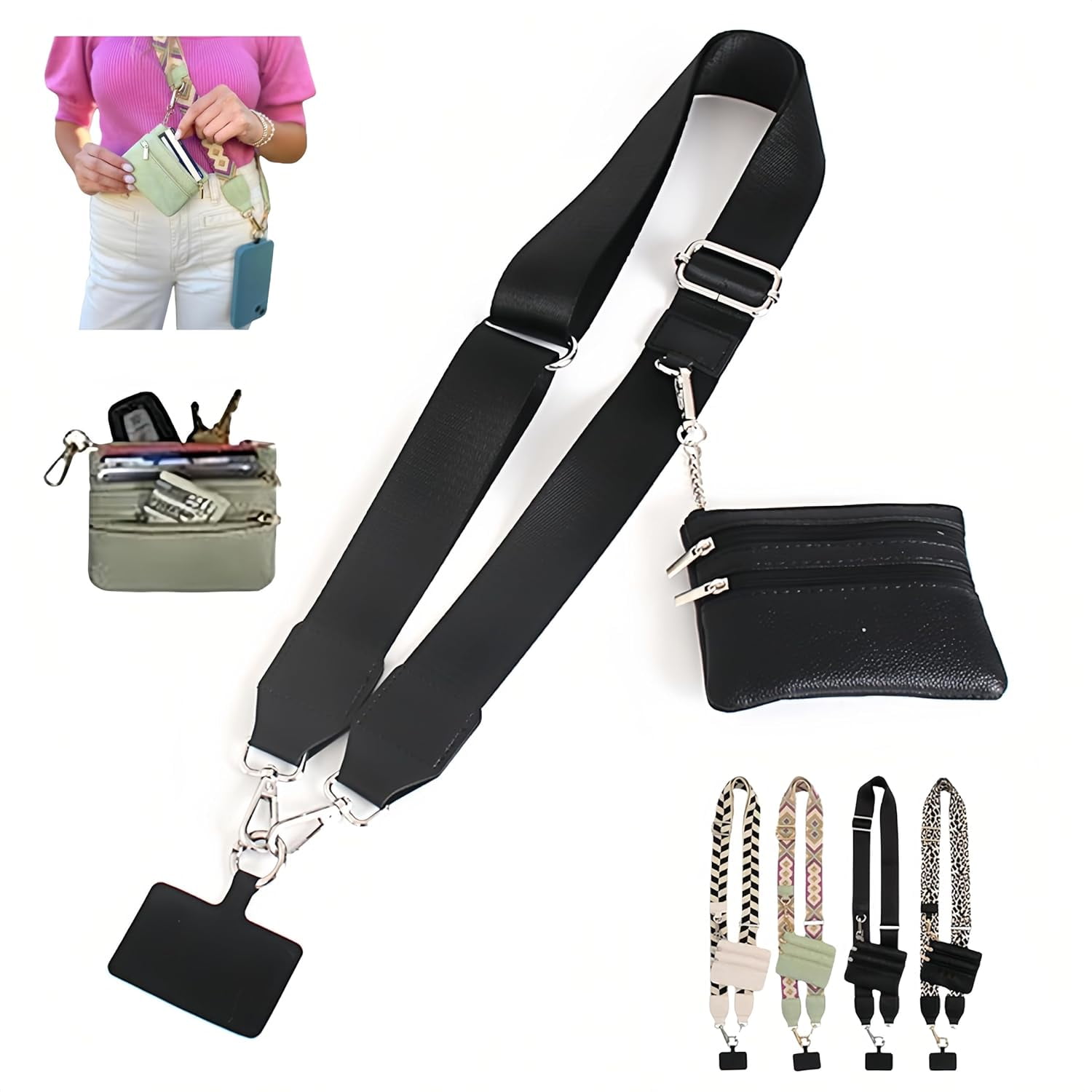 Clip and Go Strap for Phone with Wallet Crossbody Clip Go Strap with Pouch for Cell Phone Cross Body Phone String with Zipper Wallet Pouch