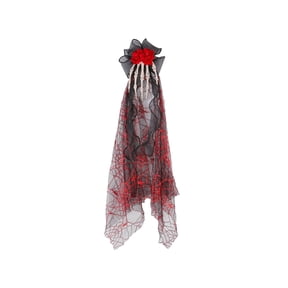 Clip Gothic Skeleton Hand Red Rose Tulle Veil 25 X 5 Inch Halloween Accessory for Women
