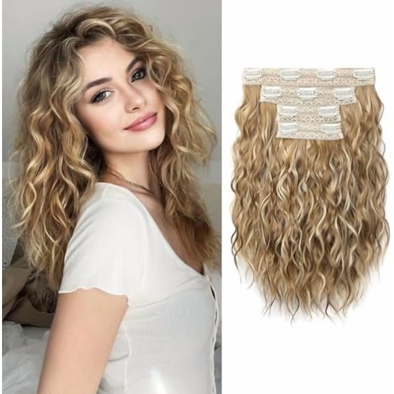 Clip in Hair Extensions, 4 count Hair Extensions 12" Short Curly Wavy Blonde hair extensions Invisible Lace Weft  Soft Hairpieces for Women - Golden Blonde with Highlights