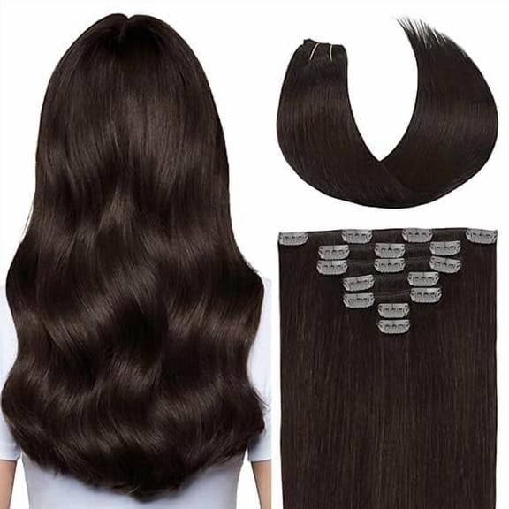 Loveternal Clip in Hair Extensions 14 Inch 100% Real Human Hair Extensions 8 PCS(Dark Brown)
