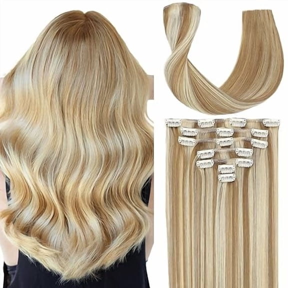 Loveternal Clip in Hair Extensions 14 Inch 100% Real Human Hair 8 PCS(Light Ash Blonde/Bleach Blonde )