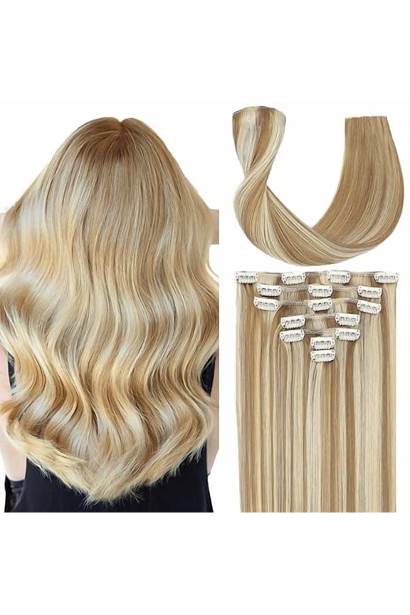 Clip in Hair Extensions 14 Inch 100% Real Human Hair 8 PCS(Light Ash Blonde/Bleach Blonde )