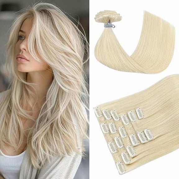 Loveternal Clip in Hair Extensions 14 Inch 100% Real Human  8 PCS（Light Platinum Blonde ）
