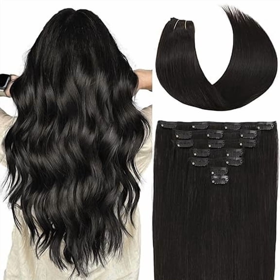 Loveternal Clip in Hair Extensions 14 Inch  100% Real Human Hair 8 PCS(Natural Black)
