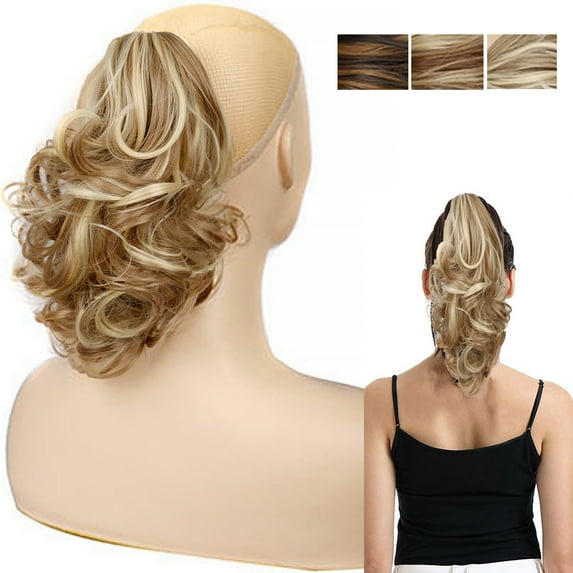 Clip in Hair Ponytail Extension Drawstring Curly Fake Pony Tail Clip Claw Short Ponytail Synthetic Heat Fabric Hair Piece Wavy High Pony Tails Hair Safe & Friendly for Women Girls Kids(16H613#)