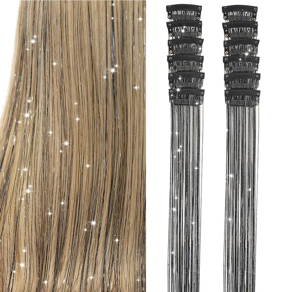 Clip in Hair Tinsel, Pack of 12 Pcs 20 Inch,Glitter Tinsel Hair Extensions, Festival Tinsel Fairy Hair Extension Party Dazzle Hair Accessories Strands Kit for Women Girls Kids(12Pcs,Black#)