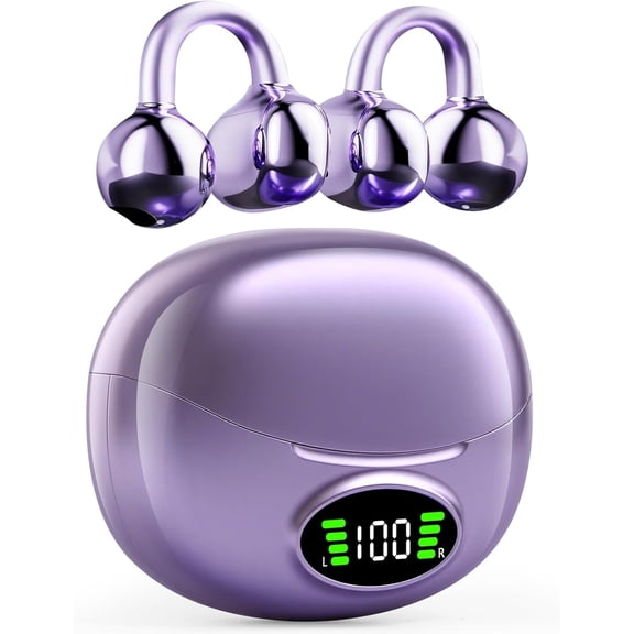 Clip on Headphones,Open Bluetooth 5.4 Earbuds with LED Digital Display Built-in Mic IPX7 Waterproof 50H Playback Sports Bone Conduction Earphones Suitable for Small Ears and Eyeglass Wearers (Purple)