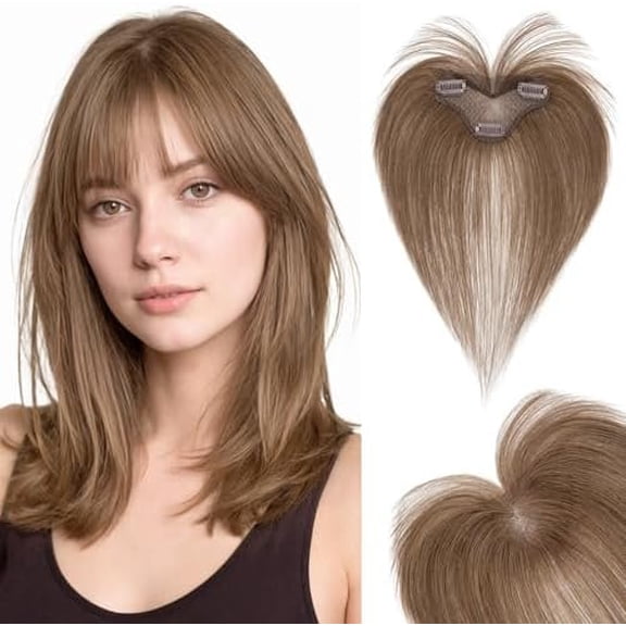 Clip In Bangs Wispy Hair Toppers For Women Remy Human Hair Short Thin Topper Hairpieces Cover Clip Air 11 Inches 14.5g #04 Medium Brown