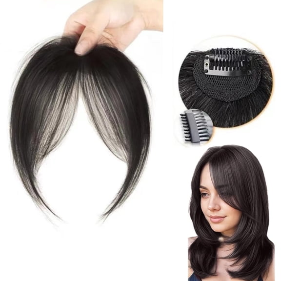 Clip In Fringe Bangs Hairpieces for Women, Natural Looking Wispy Curved Bangs Hair Extension with Side Temples for Daily Wear Styling(Black,One Size)