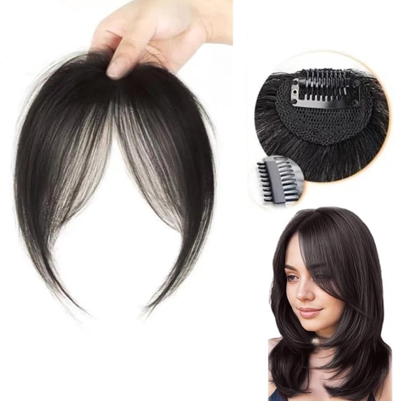 Clip In Fringe Bangs Hairpieces for Women, Natural Looking Wispy Curved Bangs Hair Extension with Side Temples for Daily Wear Styling(Black,One Size)