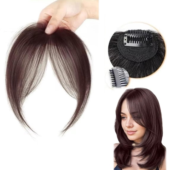 Clip In Fringe Bangs Hairpieces for Women, Natural Looking Wispy Curved Bangs Hair Extension with Side Temples for Daily Wear Styling(Wine,One Size)
