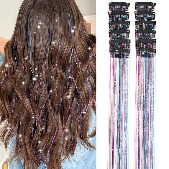 Clip In Glitter Hair Extensions 20 Inch 12Pcs Kit Rainbow Metallic Hair Pieces for Women Girls Festival Concerts and Party Cosplay