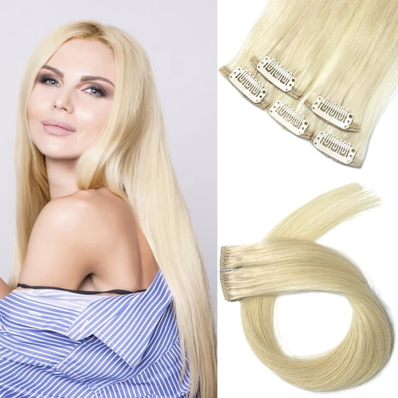 Clip In Hair Extensions Human Hair Light Platinum Blonde Highlights Remy Hair Extensions 18 Inch for Women Girls 5PCS #60