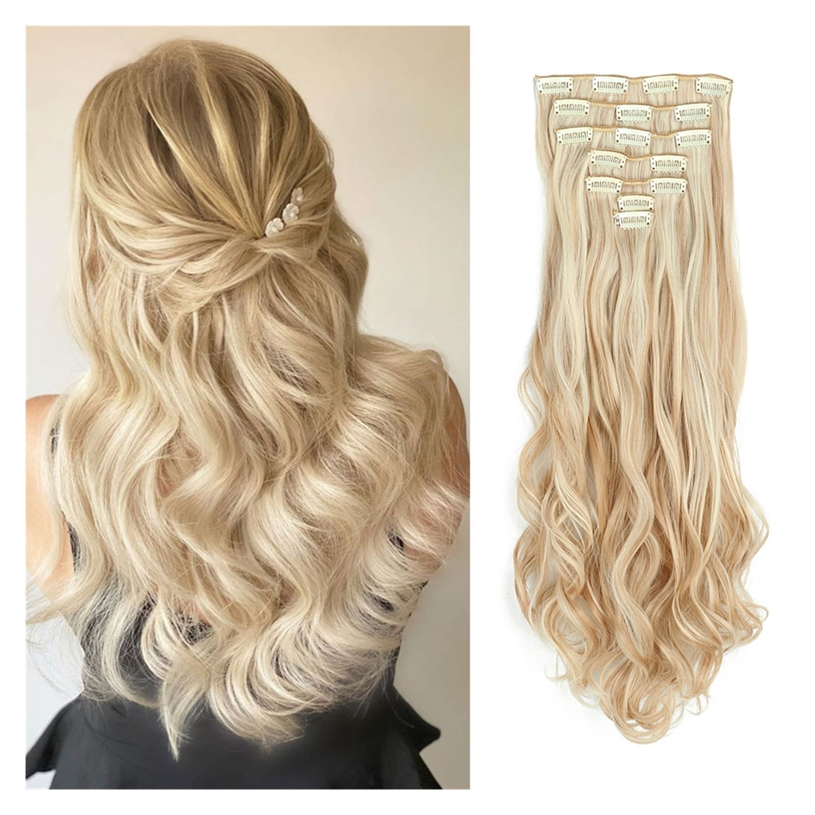 Clip In Hair Extensions Long Wavy 7 PCS Invisible Clip Thick Hairpieces Golden Blonde Hair Piece Soft Full Head Synthetic Fiber for Women, 22 Inches