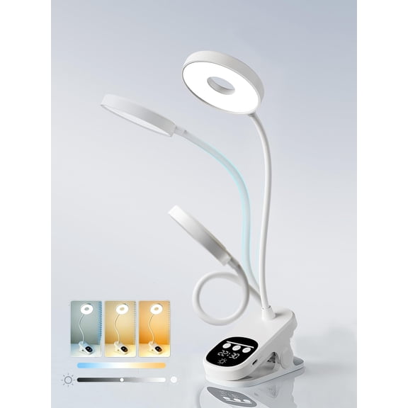 Clip On LED Desk Lamp, 6000mAh Rechargeable Eye-Caring Bedside Reading Light with Clock & Timer, 3 Color Temperatures 360 Rotatable for Dorm Room Home Office Camping Blackout