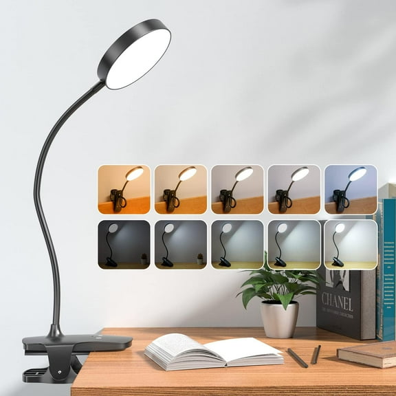 Clip on Lamp,5 Brightness+5 Color Light,200LM 36 LED Reading Lights for Books in Bed,1800mAh Battery Powered Lamp Operated Lights,Rechargeable Desk with Clamp Light