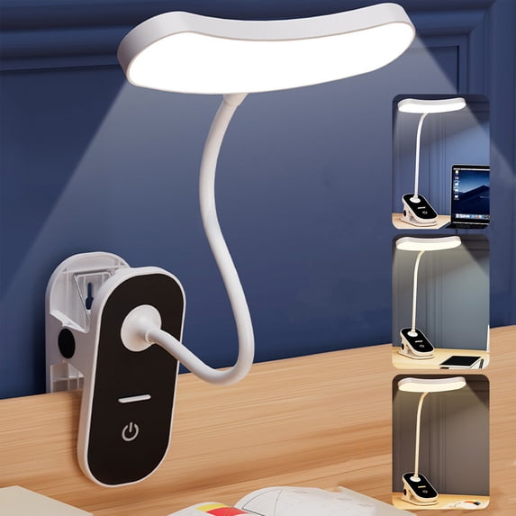 Clip Lamp Battery Powered Reading Light | USB Rechargeable Bedside Clip-On Lamp | 3 Brightness Modes | Flexible Gooseneck | Portable Desk Book Light for Study Office Bedroom - 1 Pack White