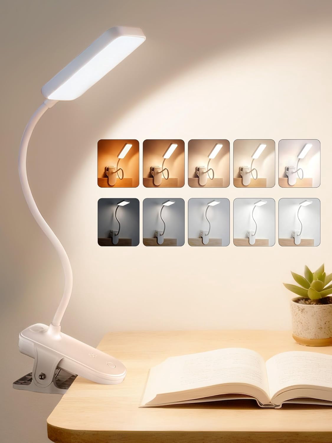 Clip on Light,9 Brightness+5 Color Clip on Lamp with 4000mAh Battery,450 Lumen Rechargeable Desk Lamp with Clamp,48 LED Reading Light for Bed,Cordless Reading Lamps for Bed/Headboard/Craft