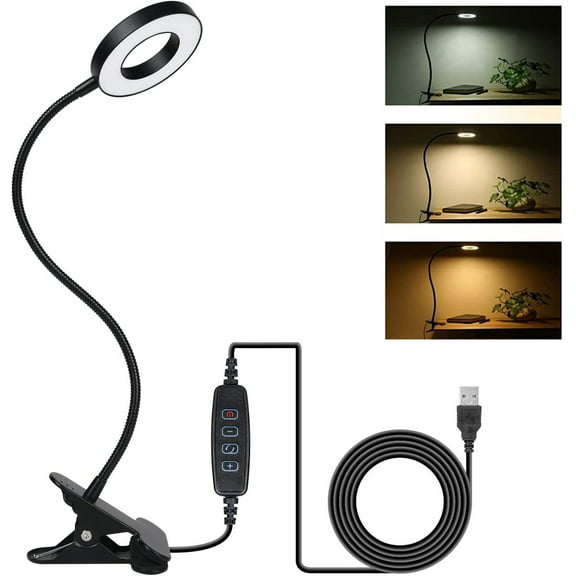 Clip on Light Reading Lights , 48 LED USB Desk Lamp with 3 Color Modes 10 Brightness, Flexible USB Clamp Bedside Lamp, Eye Caring Book Light for Studying/Working/Gaming (Black)