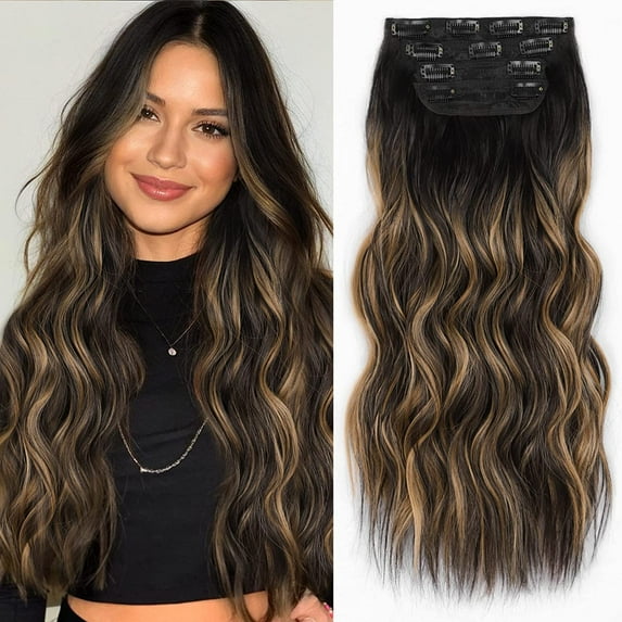 Clip in Long Wavy Synthetic Hair Extension 24 Inch Ombre Natural Black to Chestnut Brown Highlights 4PCS Thick Hairpieces Fiber Double Weft Hair for Women
