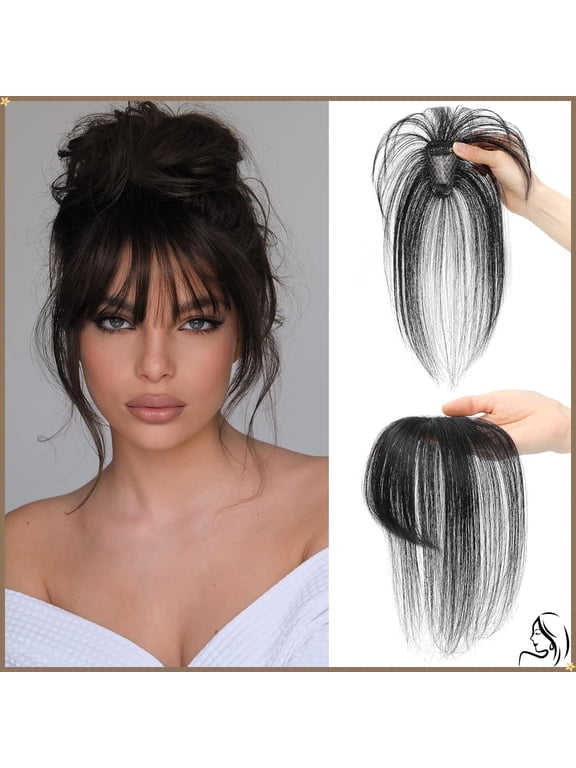 Clip On Bangs for Women Human Hair, Natural Clip-on Partial Bangs, Breathable Human Hairs Toppers, Hair Pieces for Women with Thinning Hair (Black)