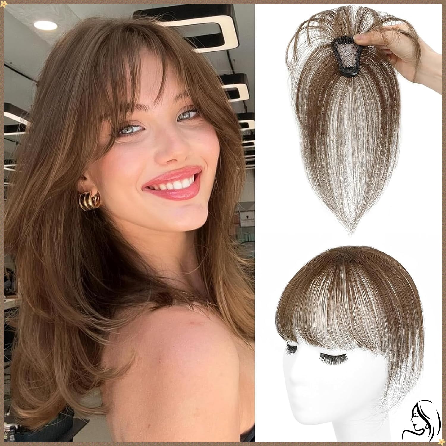 Clip On Bangs for Women Human Hair, Natural Clip-on Partial Bangs, Breathable Human Hairs Toppers, Hair Pieces for Women with Thinning Hair (Brown)