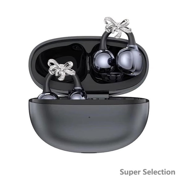 Clip-On Bluetooth Earphones, Open-Ear Hook Wireless Earbuds With Rhinestone Bow, Bluetooth 5.4 Low Latency For Running, Gym, Fashion In White Black Purple