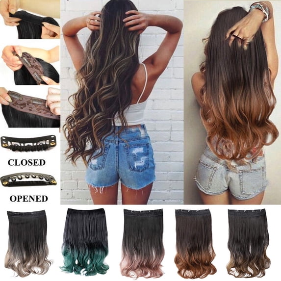 Clip-On Curly Hair Extensions - European & American Style, One-Piece, Slightly Curled, Non-Reflective, 5-Clip, Gradient Color - Sexy Women Girl Long Wig Wavy Curly Synthetic Fashio Makeup Organizers
