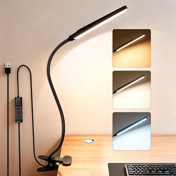 Clip On Desk Lamp, 5 W Reading Light, 400LM Book Light, 6 Level Brightness 3 Color Modes, Adjustable Neck Lamp for Desk, Bedside, Study