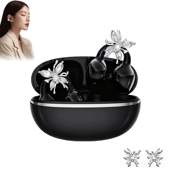 Clip-On Earbuds with Butterfly Earrings, Clip-On Wireless Earphones for Women, Open-Ear Bluetooth Noise Cancelling Earphones for Running, Suitable for Work, Fitness, Daily wear, and Gifts