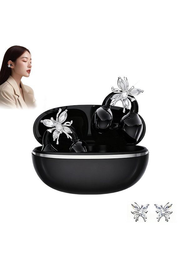 Clip-On Earbuds with Butterfly Earrings, Clip-On Wireless Earphones for Women, Open-Ear Bluetooth Noise Cancelling Earphones for Running, Suitable for Work, Fitness, Daily wear, and Gifts
