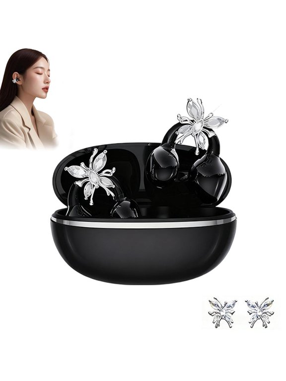 Clip-On Earbuds with Butterfly Earrings, Clip-On Wireless Earphones for Women, Open-Ear Bluetooth Noise Cancelling Earphones for Running, Suitable for Work, Fitness, Daily wear, and Gifts