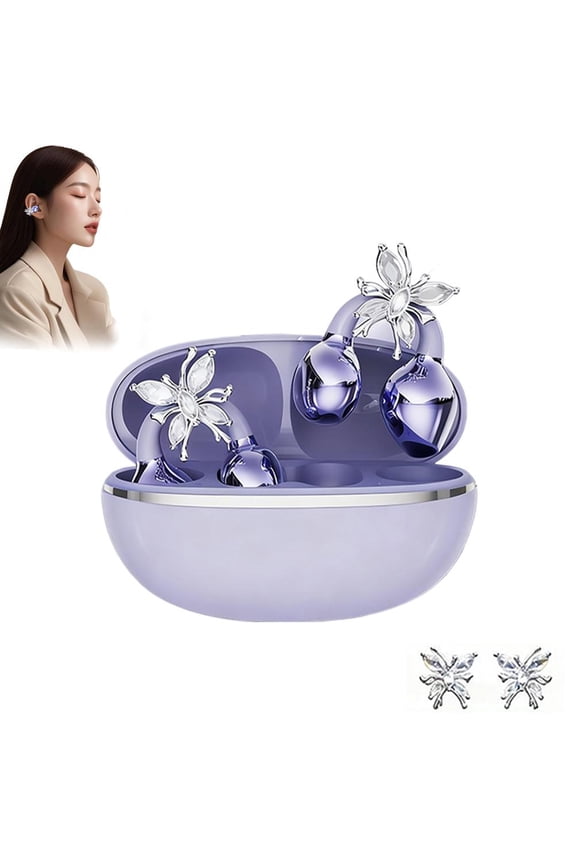 Clip-On Earbuds with Butterfly Earrings, Clip-On Wireless Earphones for Women, Open-Ear Bluetooth Noise Cancelling Earphones for Running, Suitable for Work, Fitness, Daily wear, and Gifts