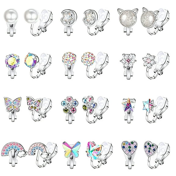 Clip On Earrings, Cute Earrings for Women, 12 Pairs Set, Unicorn Cat Heart Rainbow Designs, Metal Earrings with Rhinestones, No Piercing Needed