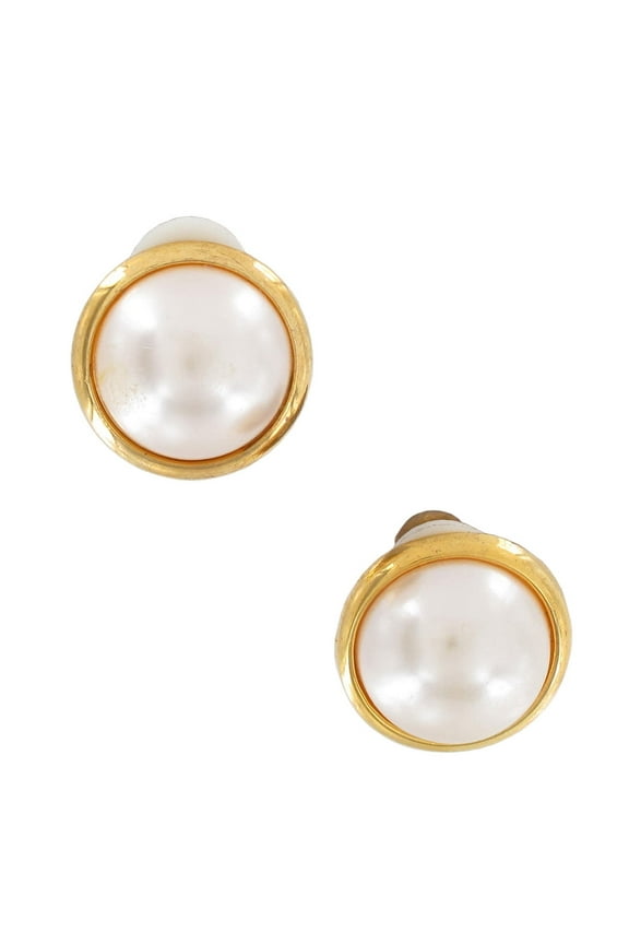Clip On Earrings White Faux Pearl Button Gold Tone 17mm 11/16"