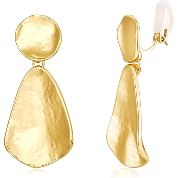 Clip On Earrings for Women Dangle Hammered Geometric Earrings Gold Plated Jewelry