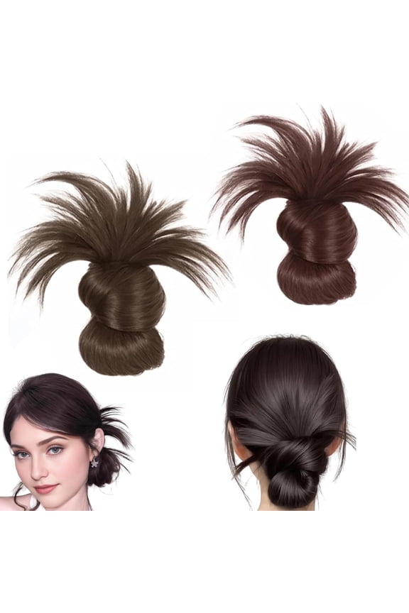Clip-On Feathered Bun Wig,Messy Bun Hair Piece, Messy Bun Clip in Hair Piece, Messy Bun Hair Piece Dark Brown with Highlights
