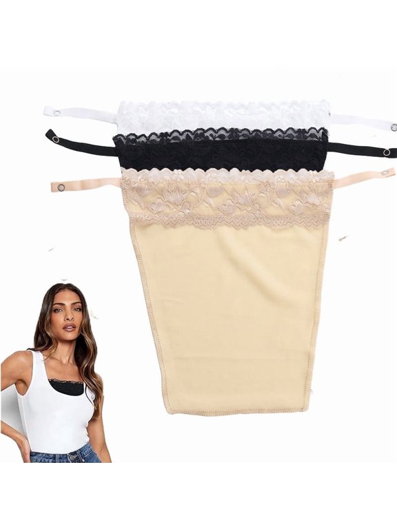 Clip-On Lace Modesty Camisole Bra Inserts for Women, Privacy Overlay Panel for Low Cut Dress, 3 Pack, Black White Beige