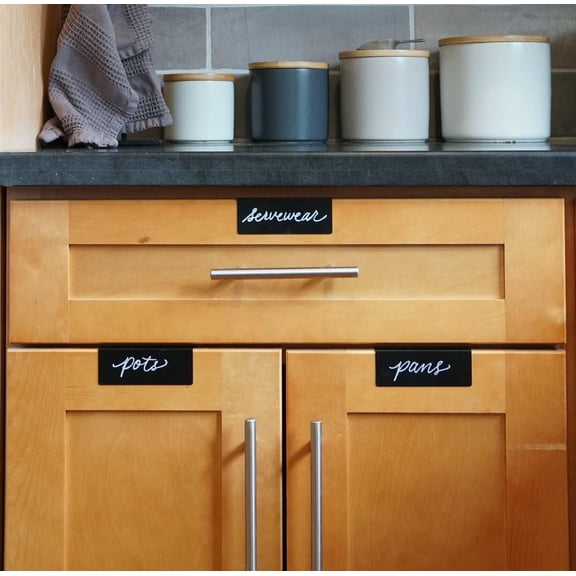 Clip-On Metal Cabinet and Drawer Labels Reusable Chalkboard Labels for Kitchen, Bathroom, Dresser Drawers. Durable. Polished Edge. No Residue.