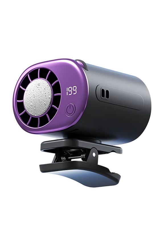 Clip On Mini Fan with LED Display – Gray Portable 360° Rotating Cooling Fan for Car Desk Waist, Semiconductor Cooling, 199-Speed