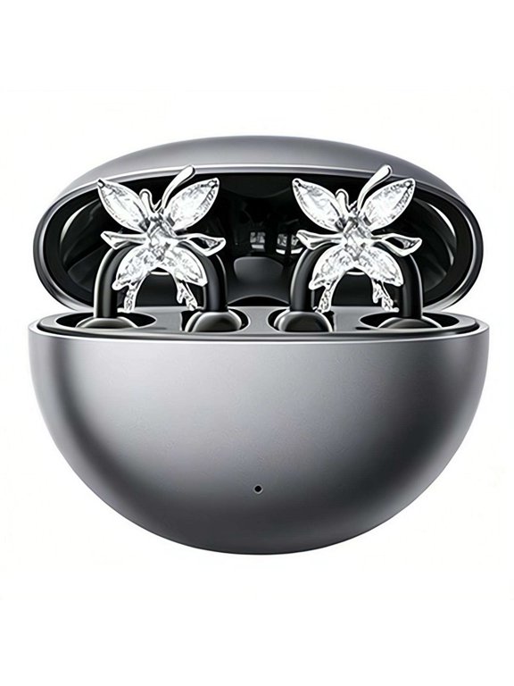 Clip-On Open Ear Earbuds with Detachable Butterfly Earrings, Bluetooth Wireless Headphones for Women, Comfortable Fit for Small Ears & Glasses Wearers, Workout Sports
