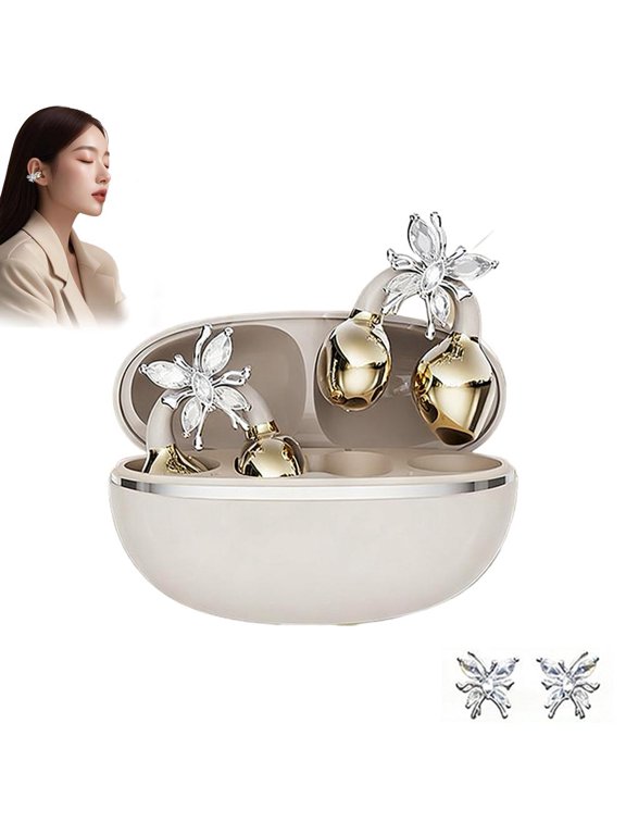 Clip-On Open Ear Earbuds with Detachable Butterfly Earrings, Women's Wireless Earphones, Designed with Crystal Butterfly Earrings Open Bluetooth Noise Earphones for Running