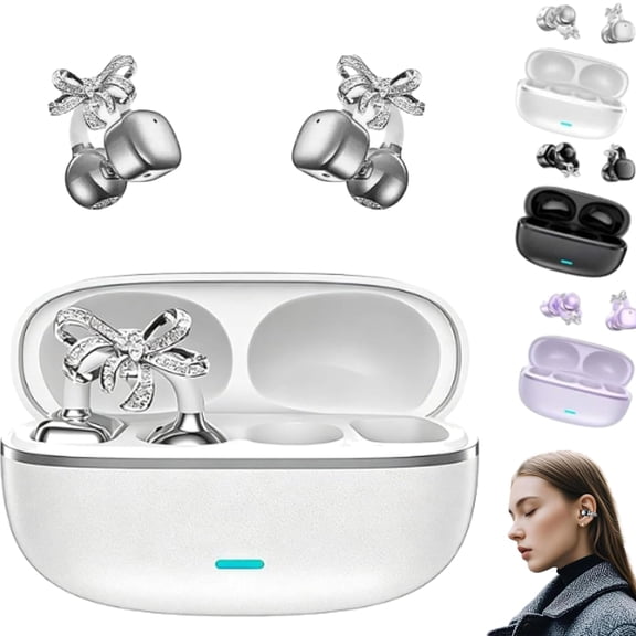 Clip-On Open-Ear Headphones  2026 New Wireless Bluetooth Earbuds with Ai Noise Cancelling, 144+ Languages, Open Ear Design, Rhinestone Decor, for Works & Workouts (White)