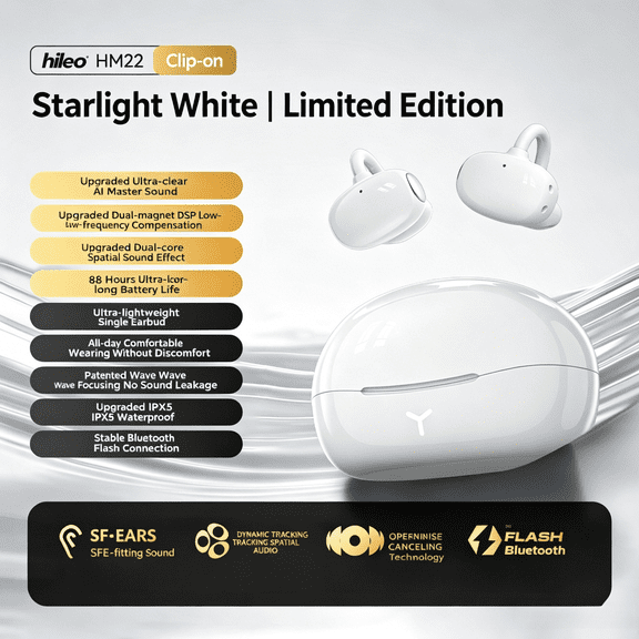 Clip-On Open-Ear Wireless Bluetooth Earbuds, 6g Ultra Light IPX5 Waterproof Sports Headset, AI Call Noise Canceling, Up to 88H Playback & 360 ° Surround Sound