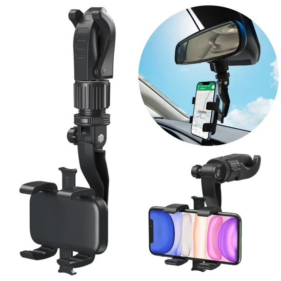 Clip On Phone Mount Car Rear View Mirror Adjustable Holder Stand 360 Rotatable