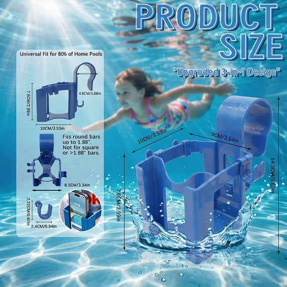 Clip On Pool Caddy, 3 In 1 Drink Holder with Phone Slot & Towel Hooks Storage Tray for Above Ground Pool Rail Blue