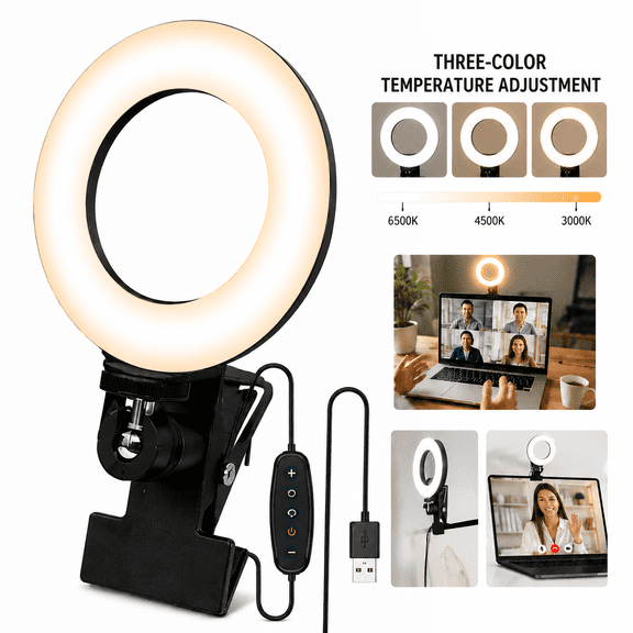 Clip-On Ring Light for Computer - 10W LED Video Conference Light with 3 Color Temperatures, USB Powered Zoom Lighting for Laptop/Desktop (Adjustable Brightness & Angle)