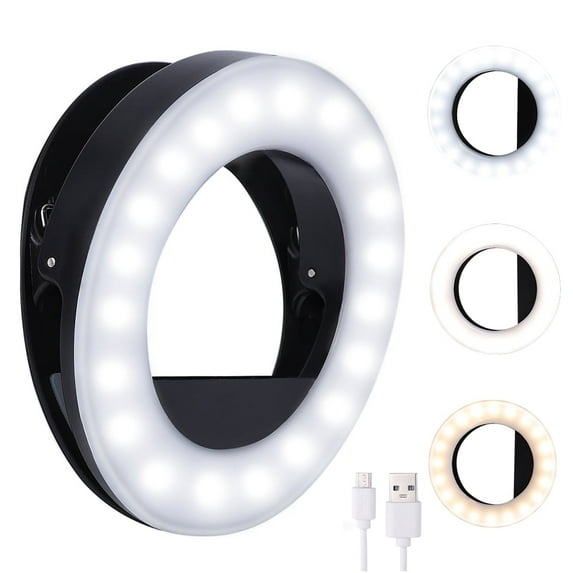 Clip On Selfie Ring Light with 3 Light Modes Stepless Brightness for iPhone/Android Cell Phone iPad Laptop