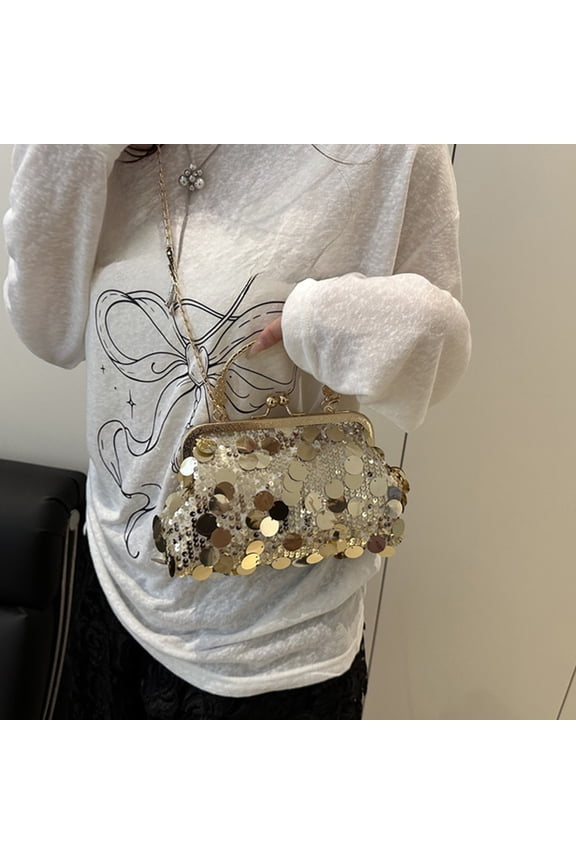Clip On Sequin Evening Bag for Women Fashionable Clutch Purse with Chain for Wedding Party Prom Dinner Shoulder Crossbody Bag(Gold)